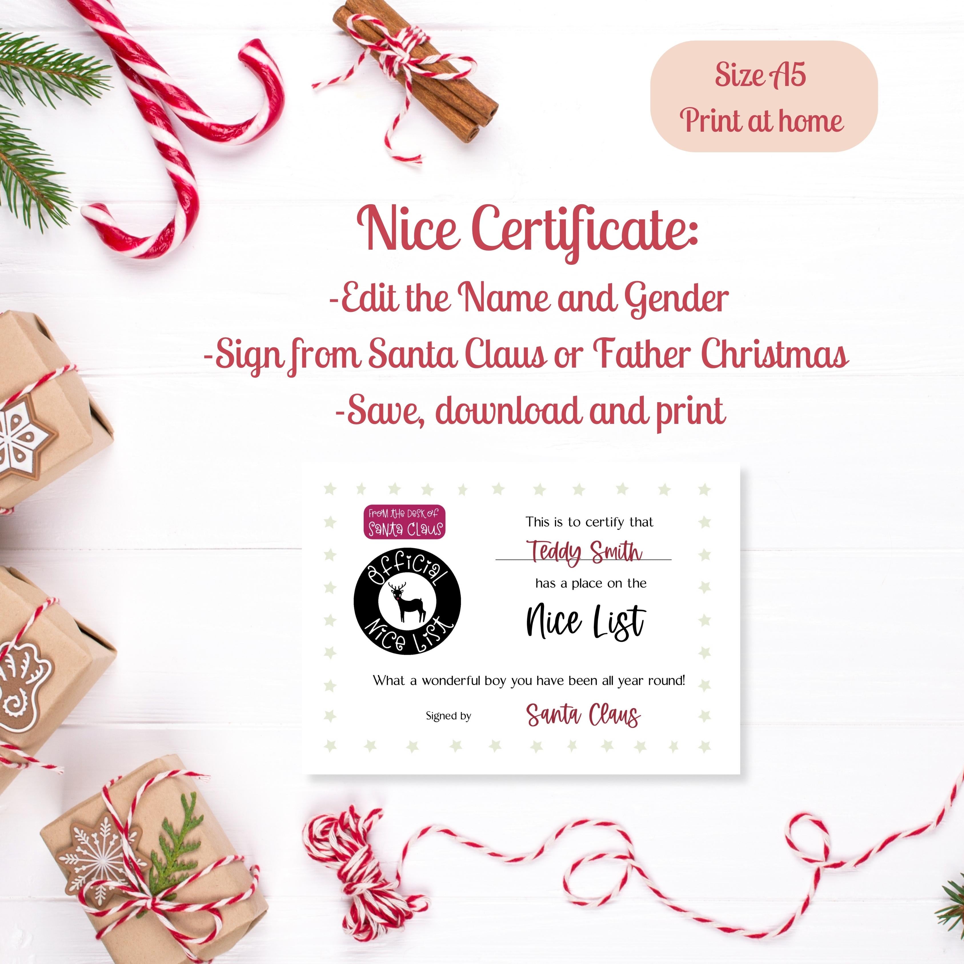 Editable Digital Christmas Letter from Santa with Customisable Nice List Certificate