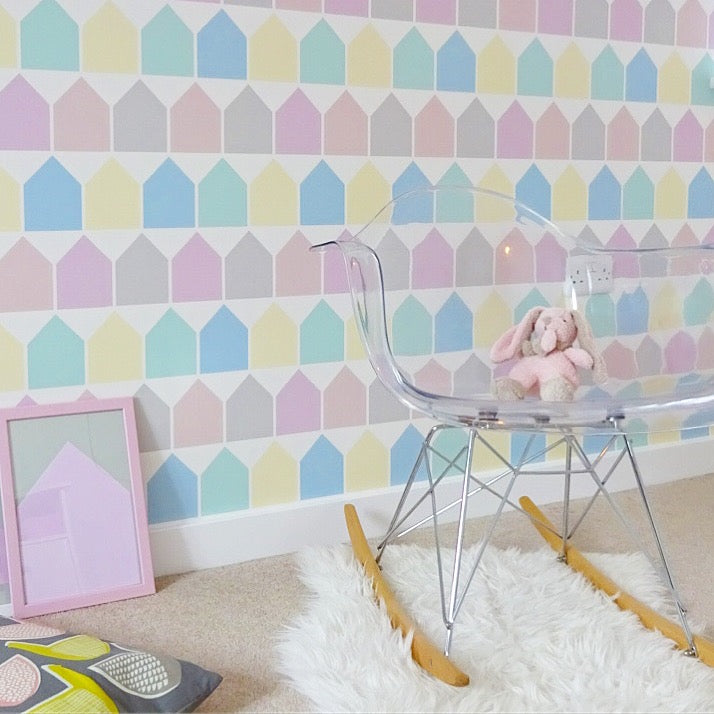 The Beach Huts wallpaper in Pastel is fun, colourful and playful wallpaper designed and printed in England to decorate little ones bedrooms and playrooms.