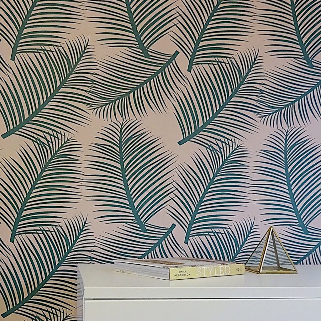 This stunning tropical green and pink wallpaper designed and printed in England in striking colours allows you to add a light and airy yet elegant element to any room in your home.