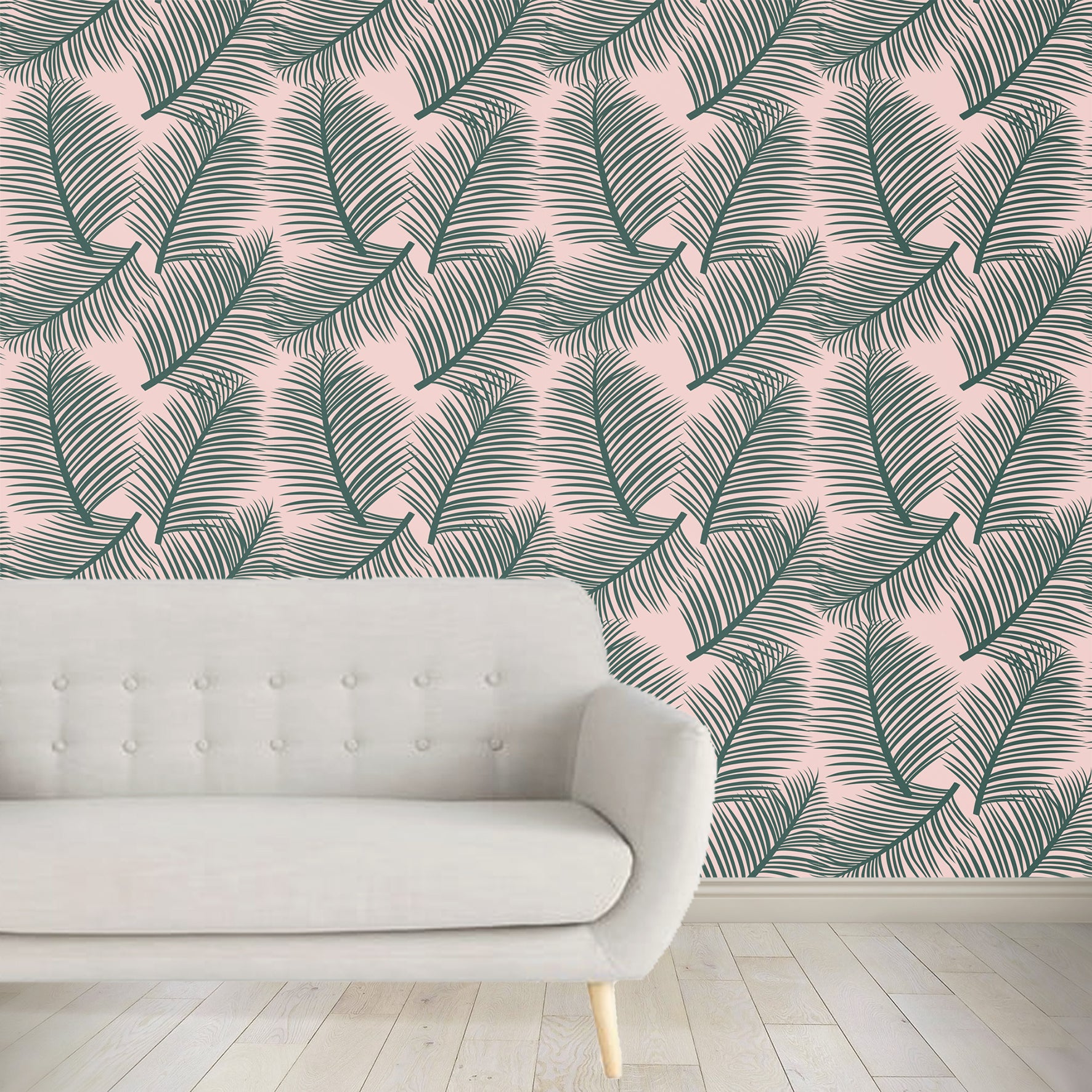 Palm Leaf Garden Wallpaper - Green on Blush