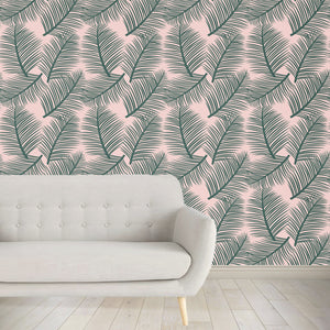 Palm Leaf Garden Wallpaper - Green on Blush